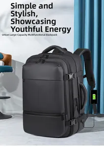Close-up of black business backpack showing external USB charging port and multi-layer zipper