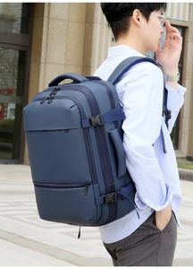Ergonomic deep blue business travel backpack with large capacity and multi-layer storage
