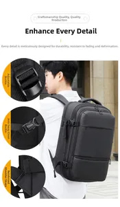 Detail of adjustable buckles, chest strap and reinforced stitching on black backpack