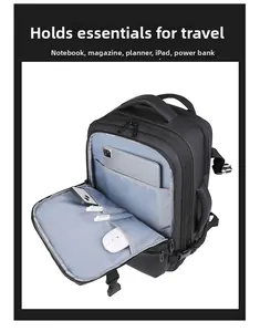 Macro view of multi-compartment interior for laptop, tablet, and office accessories
