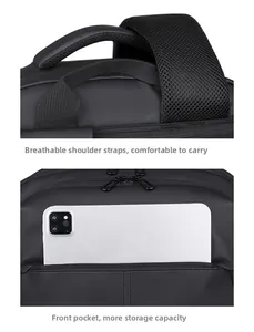 Detail of padded breathable shoulder straps and front pocket for tablet storage