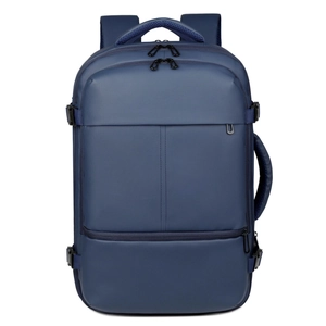 Large capacity navy blue business travel backpack with padded handles and durable fabric