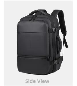 Vue latérale détaillée d'un sac à dos d'affaires en nylon noir avec boucles réglables