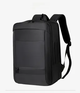 Side 45-degree view of a black business laptop backpack with breathable mesh straps