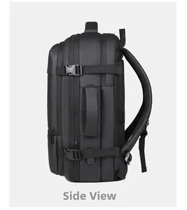 Vue latérale du sac à dos étanche noir pour ordinateur avec boucles et compartiments