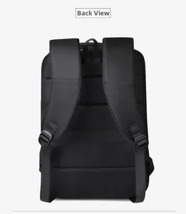 Detail view of black business backpack with breathable honeycomb mesh back and S-shaped straps