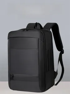Detail of durable black business backpack with thick S-shaped shoulder straps for travel