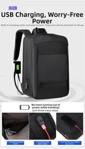 Detail of laptop backpack showing integrated USB charging port and external connection