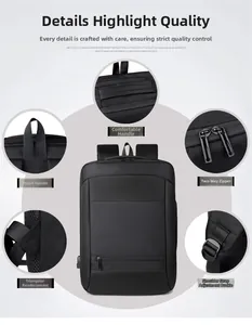 Close-up of black business backpack showing reinforced handles and durable two-way zippers