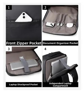 Detail view of the laptop backpack's internal compartments and organized storage pockets