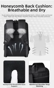 Detail of breathable honeycomb back padding and reinforced straps on business backpack