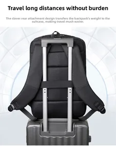 Business backpack with rear trolley sleeve attached to a suitcase for easy travel