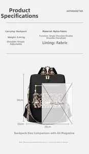 Detail view of leopard print nylon backpack size comparison with A4 magazine