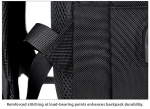 Detail of reinforced stitching on breathable mesh shoulder straps for heavy-duty backpack