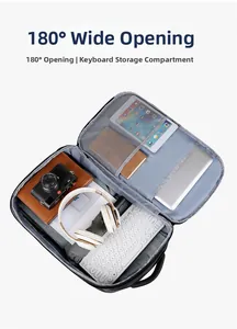 Détail de l'ouverture à 180 degrés montrant les compartiments de rangement pour gadgets