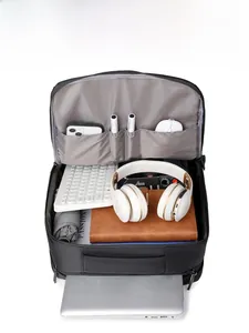 Detail of multi-compartment business backpack interior for laptop and travel essentials
