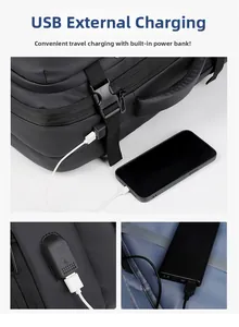 Détail d'un sac à dos polyvalent avec port de charge USB externe et câble interne