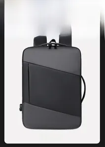 Front view of business backpack with waterproof gray fabric and external USB port
