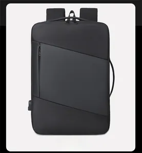 Front view of waterproof black business laptop backpack with USB port and sleek side handles