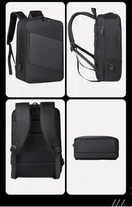Detail view of business laptop backpack showing USB port and breathable mesh back padding