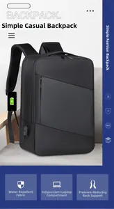 Detail view of business backpack featuring built-in USB charging port and water-resistant fabric