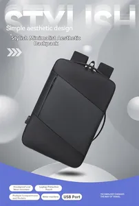 Detail view of water-resistant business laptop backpack with built-in USB charging port