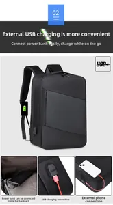 Detail of waterproof business laptop backpack featuring an external USB charging port system
