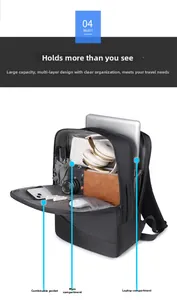 Macro view of the internal multi-layer storage compartments of a black laptop backpack