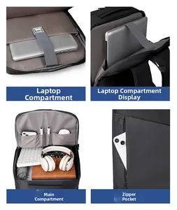 Detail of multi-compartment laptop backpack with padded sleeves for tech accessories