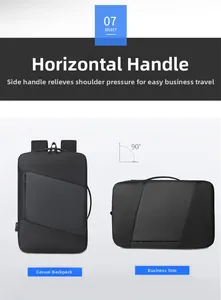 Detailed view of black business backpack showing horizontal and vertical carrying modes