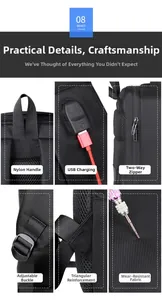 Detail view of water-resistant nylon backpack with USB port and reinforced seams