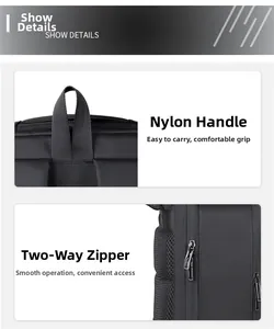 Detail view of reinforced nylon top handle and dual smooth metal zippers on black backpack