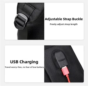 Detail of adjustable straps and external USB charging port on black business backpack