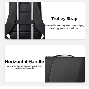 Detail of luggage strap and side handle on waterproof black business laptop backpack