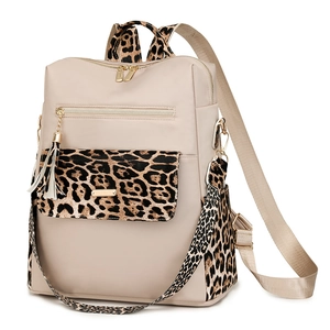 Waterproof nylon beige backpack with stylish leopard print panels and gold zippers