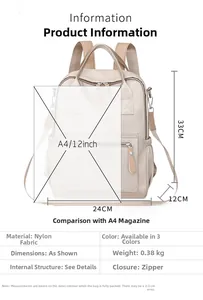 Detaillierte Größentabelle für beigen wasserfesten Nylon Rucksack für A4 Formate
