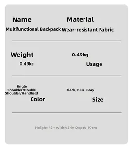Detailed specifications of lightweight wear-resistant backpack showing dimensions and features