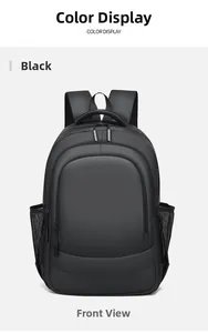Front view of black minimalist business backpack with water-resistant nylon texture