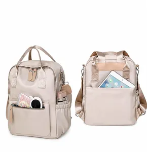 Detailansicht eines wasserabweisenden Nylon-Rucksacks mit vielen Taschen