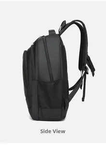 Side view of black waterproof business laptop backpack with multi-layer zipper compartments