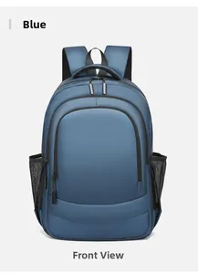 Front view of a navy blue water-resistant laptop backpack with multiple zipper pockets