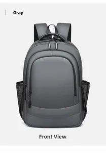 Detailed front view of dark grey waterproof business backpack with smooth matte texture