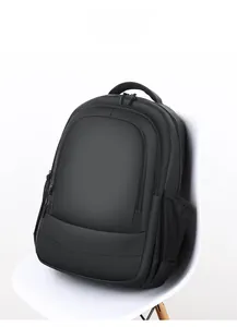 Detail of black water-resistant backpack with padded handle and mesh side pocket