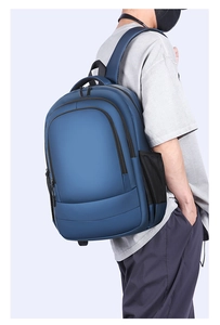 Side view of lightweight navy blue business backpack with waterproof nylon and mesh pockets