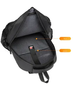 Internal view of business backpack showing laptop compartment and gray striped lining