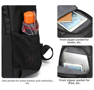 Detail of lightweight black waterproof nylon backpack with side mesh pockets and compartments