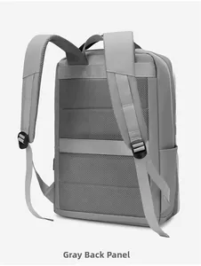 Grey business backpack back view showing breathable mesh padding and luggage strap