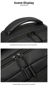 Detail of waterproof lightweight business backpack showing smooth zippers and sturdy handle