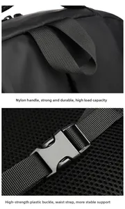 Detail view of durable nylon top handle and buckle on a water-resistant laptop backpack