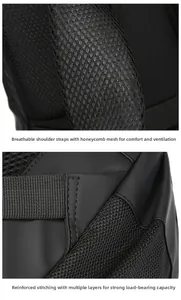 Close-up of breathable honeycomb mesh straps and reinforced stitching on black backpack
